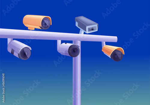 City road security. Enforcement cameras on highway. Cctv, police radar on urban modern roads. Monitoring systems, urban safety control vector scene