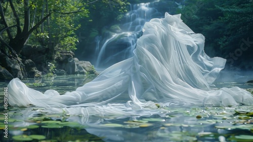 A fairytalelike scene of delicate fabric d over the surface of a pristine lake creating a magical ambiance. photo