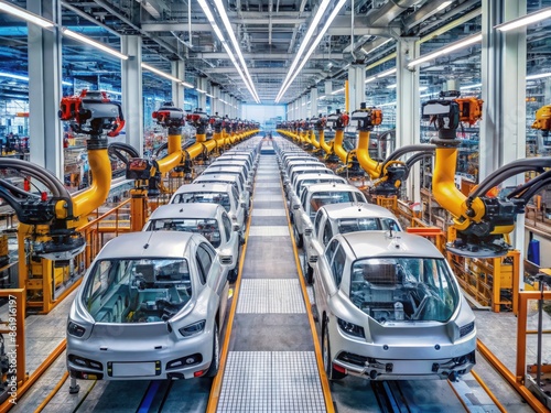Automated Robotic Assembly Line for Electric Vehicles in a Modern Factory. Generative AI © Irina