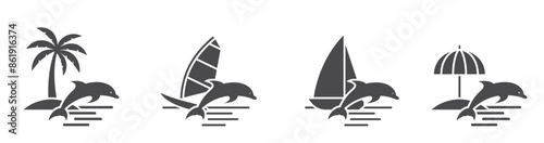 sea and summer vacation flat icons. windsurfing, sailing yacht, palm tree, beach umbrella and dolphin. isolated vector images for tourism design