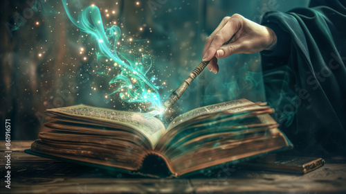 a wizard's wand touches an open ancient magic spell book sparks and colored smoke emerges Halloween mystical magician sorcery occult witchcraft seance party invitation background with copy space