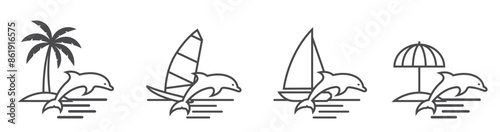 sea and summer vacation line icons. windsurfing, sailing yacht, palm tree, beach umbrella and dolphin. isolated vector images for tourism design