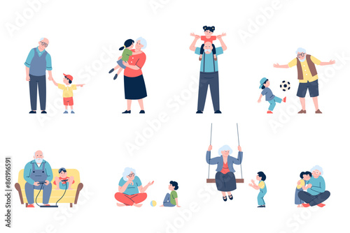 Grandparents characters. Grandfather and grandmother spend time with grandchildren. Family activities, hugs play with ball and video games, recent vector set