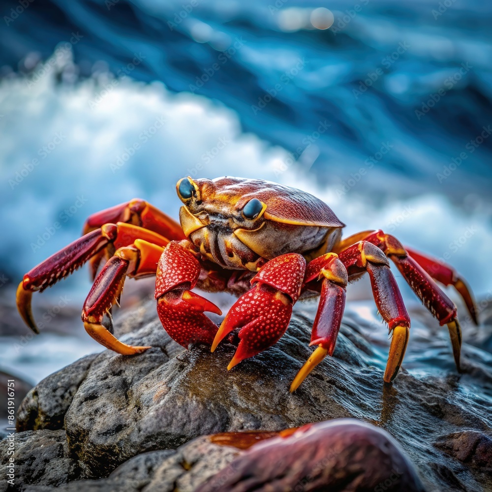 Red Crab Perched on a Rocky Shoreline. Generative AI Red Crab Perched on a Rocky Shoreline. Generative AI