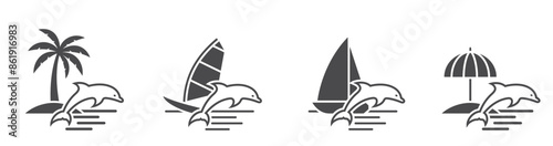 sea and summer vacation icons. windsurfing, sailing yacht, palm, beach umbrella and dolphin. isolated vector images for tourism design