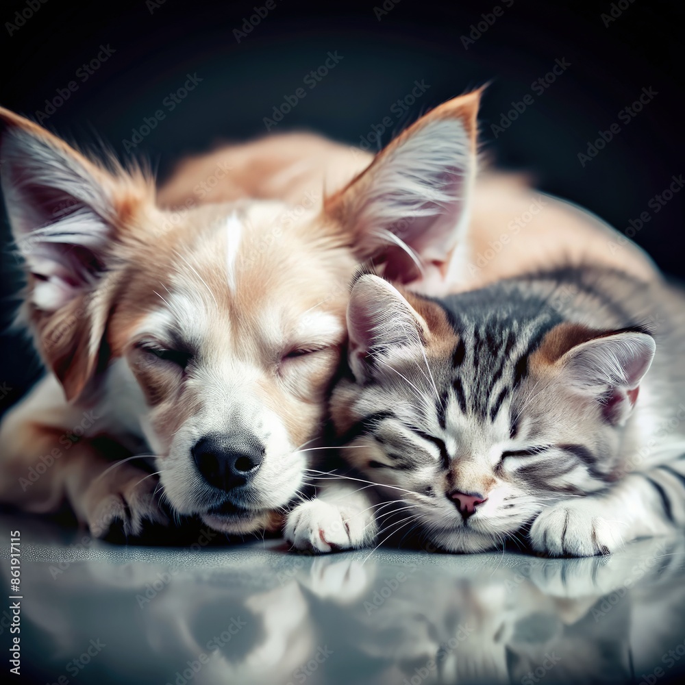 A Dog and Cat Napping Together in a Dark Room. Generative AI