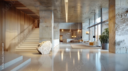 modern lobby interior design with exposed concrete --ar 16:9 Job ID: d81b1793-c28e-4d6c-aefe-29b512a17414