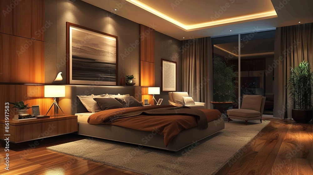 Fototapeta premium bedroom modern interior design, luxury hotel room, luxury apartment comfortable suite lounge