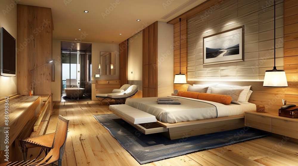 Fototapeta premium bedroom modern interior design, luxury hotel room, luxury apartment comfortable suite lounge