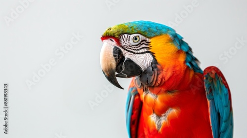 Vibrant blue and yellow macaw parrot with detailed feathers. Concept of colorful bird, exotic wildlife, avian beauty photo