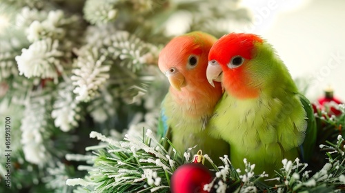 Colorful lovebirds on a festive holiday background. Concept of exotic birds, Christmas, festive decoration, bird couple, cute parrots. Copy space