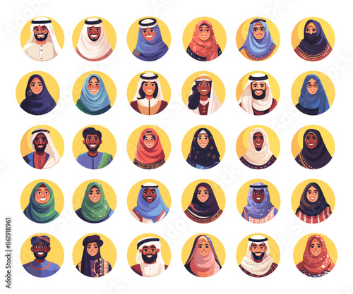 Cartoon Arab People Avatars in Circles Icon Set. White Background Simple Cartoon Style Middle Eastern Characters Portraits Muslim Faces Vector Illustrations Ethnic Diversity