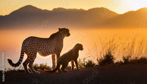 Silhouette of a cheetah and her cub against the light