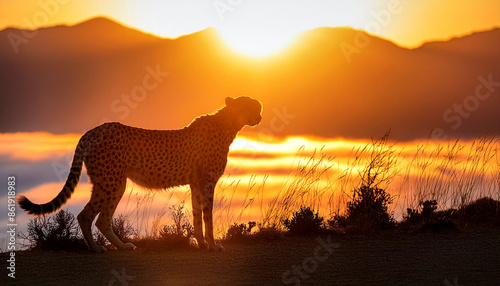 Backlit cheetah silhouette