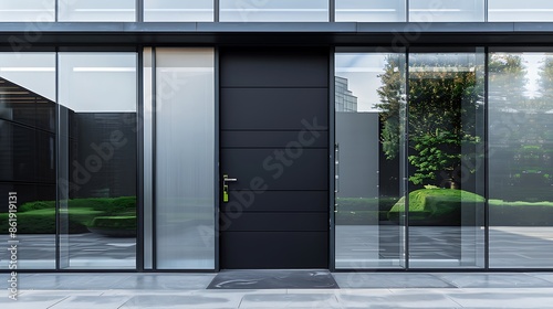 dramatic charcoal black door set within a sleek  modern facade of brushed steel and clear glass panels