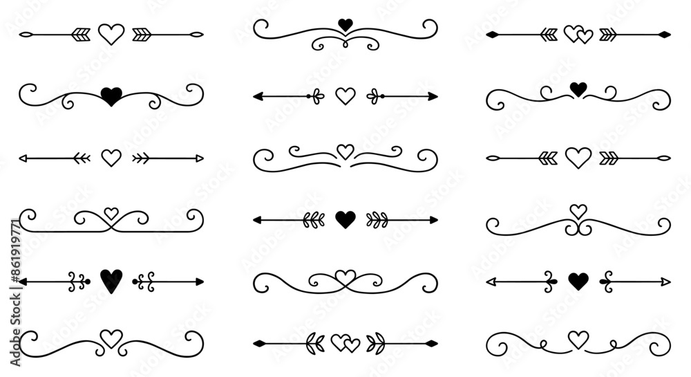 Text dividers with hearts doodle set. Wedding decorative elements. Divider ornament, borders, arrows. Hand drawn vector illustration isolated on white background