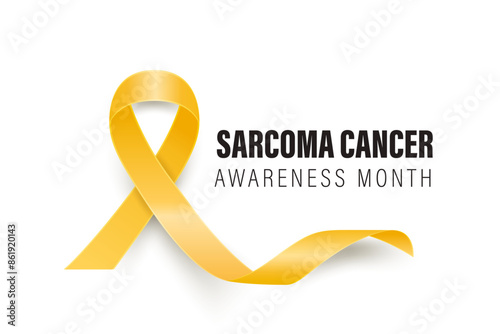 Sarcoma, Bone Cancer Banner, Card, Placard with Vector 3d Realistic Yellow Ribbon on White Background. Sarcoma Cancer Awareness Month Symbol Closeup, July. World Bone Cancer Day Concept