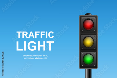 Vector Realistic Hanging Traffic Signal with Green, Yellow and Red Light. Traffic Light on Blue Sky Background