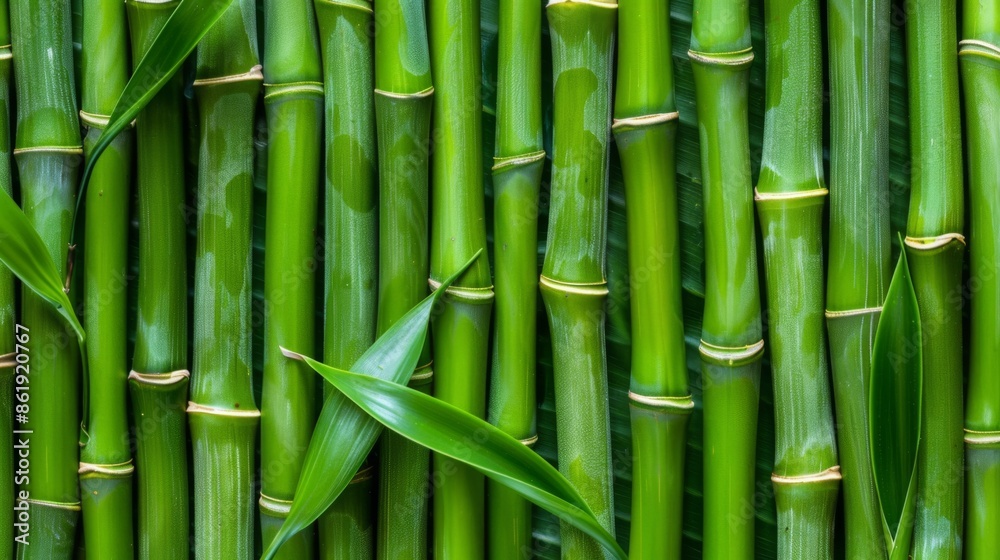 Detailed close-up of fresh green bamboo stalks aligned vertically with leaves, creating a natural and vibrant background. The image captures the texture and vivid green color of bamboo. Detailed close-up of fresh green bamboo stalks aligned vertically with leaves, creating a natural and vibrant background. The image captures the texture and vivid green color of bamboo.