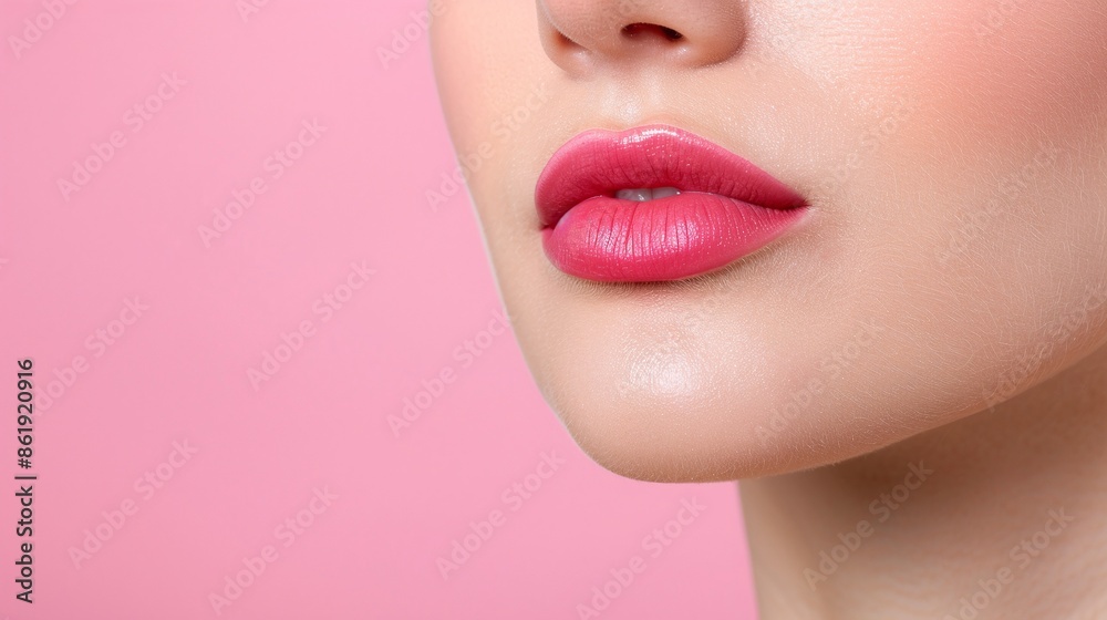 Close-Up of Woman's Lips with Pink Lipstick on Pink Background. Studio Shot Highlighting Smooth Skin and Elegant Makeup. Captivating Image Ideal for Beauty and Cosmetic Advertising. Perfect for Skinca Close-Up of Woman's Lips with Pink Lipstick on Pink Background. Studio Shot Highlighting Smooth Skin and Elegant Makeup. Captivating Image Ideal for Beauty and Cosmetic Advertising. Perfect for Skinca