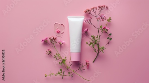 Natural cosmetics with floral elements on white tube pink backdrop © TheWaterMeloonProjec