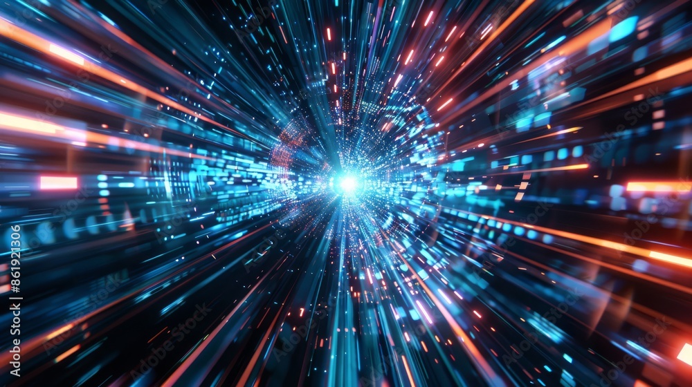 Abstract futuristic digital stream with blue and orange light streaks ...