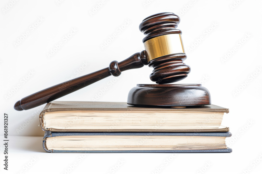 Judge's gavel resting on law books, white background. Justice, law and authority symbol. Legal services, court-related articles and judicial concepts. Judge's gavel resting on law books, white background. Justice, law and authority symbol. Legal services, court-related articles and judicial concepts.