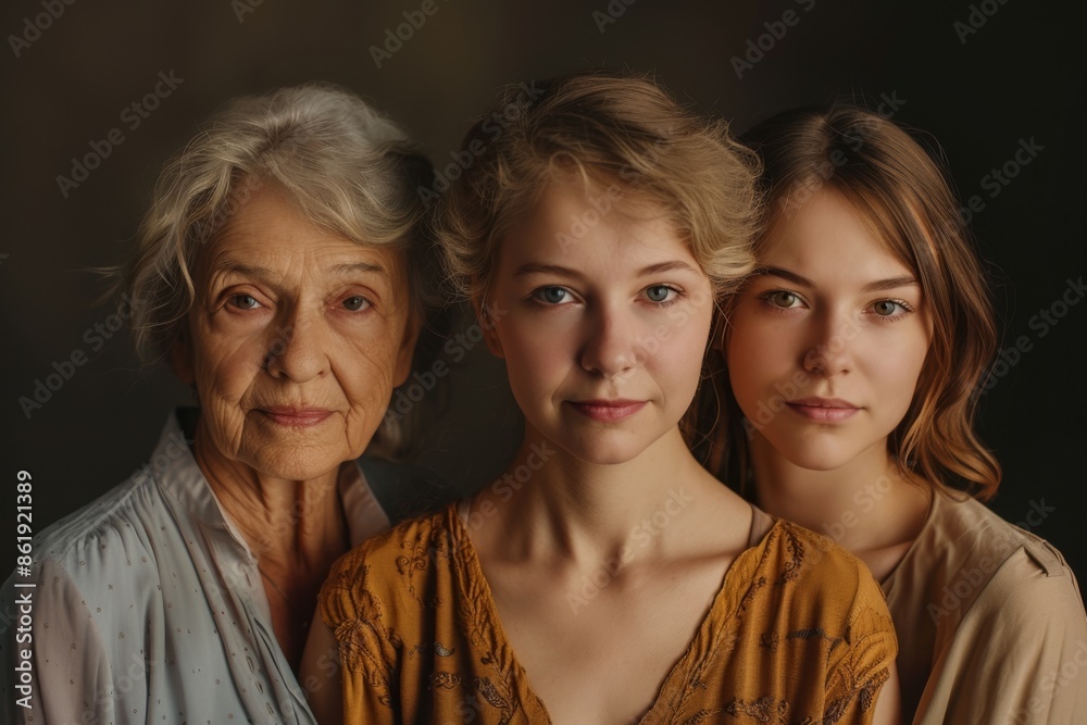 Portrait of three generations of women with natural expressions, showcasing their unique beauty and connection. The image highlights the grace and unity of the elderly woman, young adult, and teenager Portrait of three generations of women with natural expressions, showcasing their unique beauty and connection. The image highlights the grace and unity of the elderly woman, young adult, and teenager