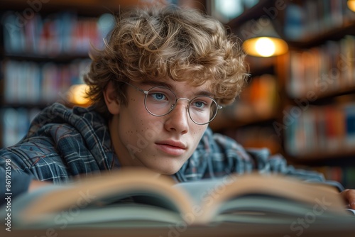 Young Man Reading a Book in a Library Setting