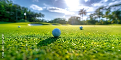 Sunny Day Golf Course with Balls on Lush Green Field photo