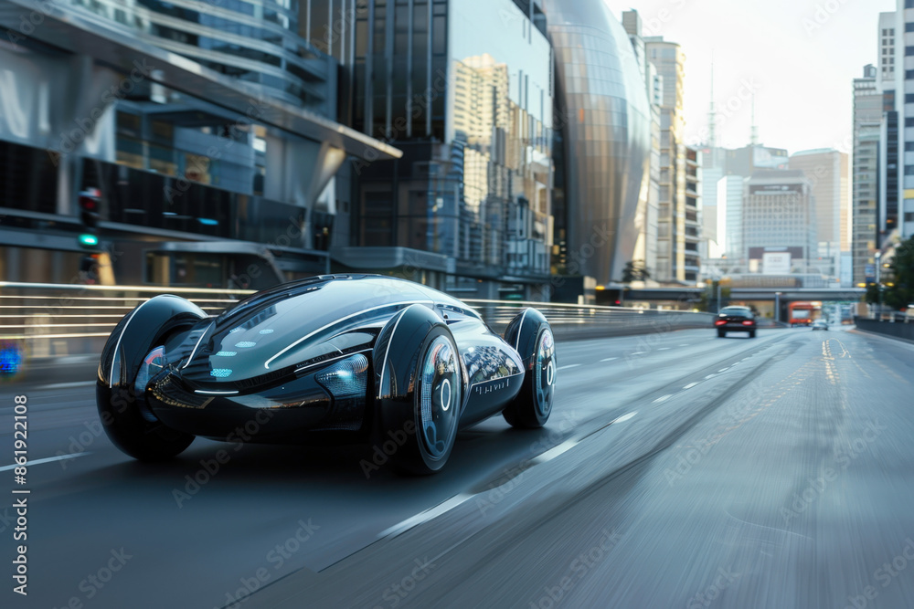 Speeding through a futuristic city, a sleek self-driving car embodies innovation and smart transportation