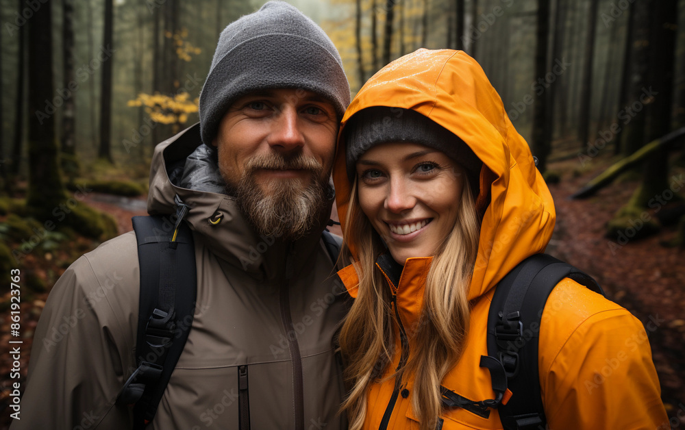 A man and a woman wearing rain jackets hike through a forest on an overcast day A man and a woman wearing rain jackets hike through a forest on an overcast day