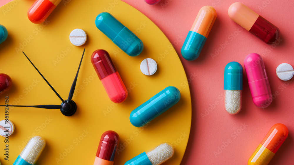 Colorful capsules arranged on a clock face against a coral background.