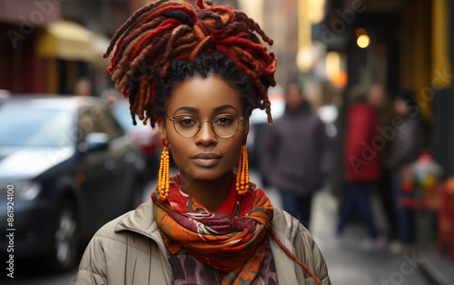 A portrait of a woman with red and brown dreadlocks, wearing glasses and a scarf in a city setting