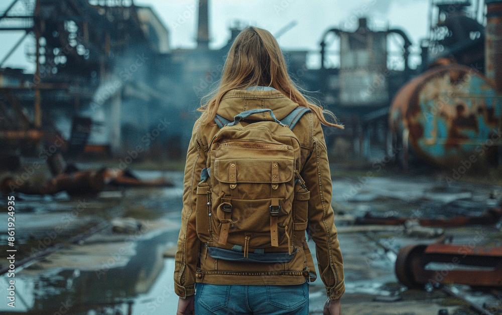 A woman with a backpack walks away from the camera, passing through a desolate, industrial wasteland A woman with a backpack walks away from the camera, passing through a desolate, industrial wasteland