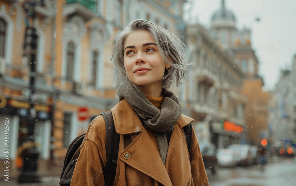 Fototapeta premium A young woman in a brown coat and scarf walks down a street in a European city, looking up and smiling. The day is snowy, and the city buildings are visible in the background
