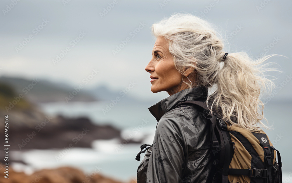 A woman with long, grey hair pulled back in a ponytail looks out at the ocean while wearing a jacket and carrying a backpack A woman with long, grey hair pulled back in a ponytail looks out at the ocean while wearing a jacket and carrying a backpack