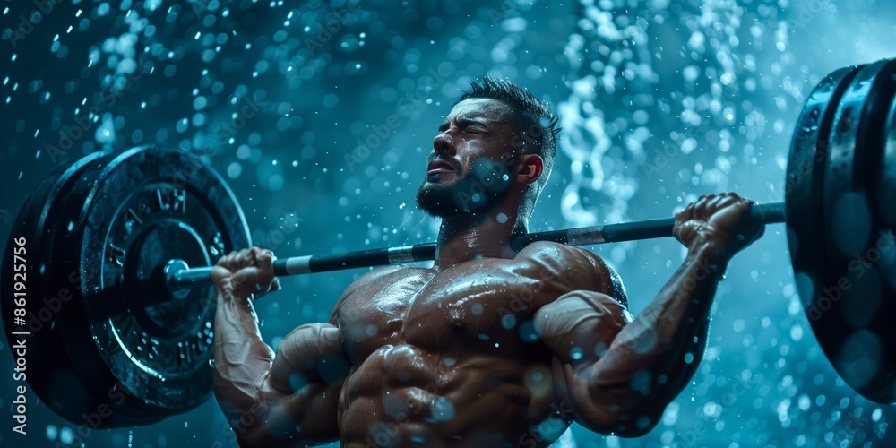 Photography of a powerful male weightlifter in the rain, highlighting the intensity and strength in sports. Photography of a powerful male weightlifter in the rain, highlighting the intensity and strength in sports.