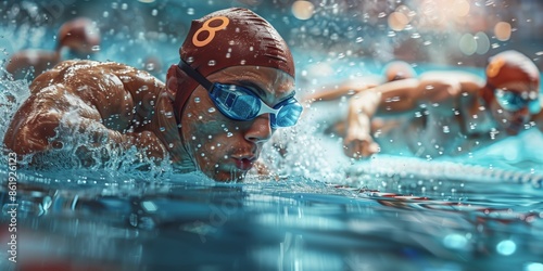 Photography of a dynamic swimming competition, capturing the intensity and teamwork in aquatic sports.