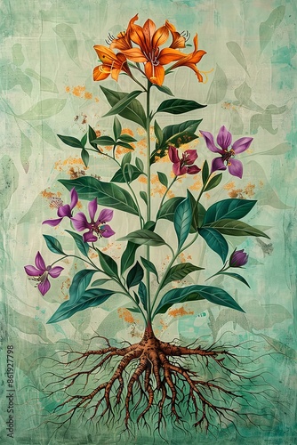 Floral Art with Orange Lily and Purple Flowers on Green Background photo