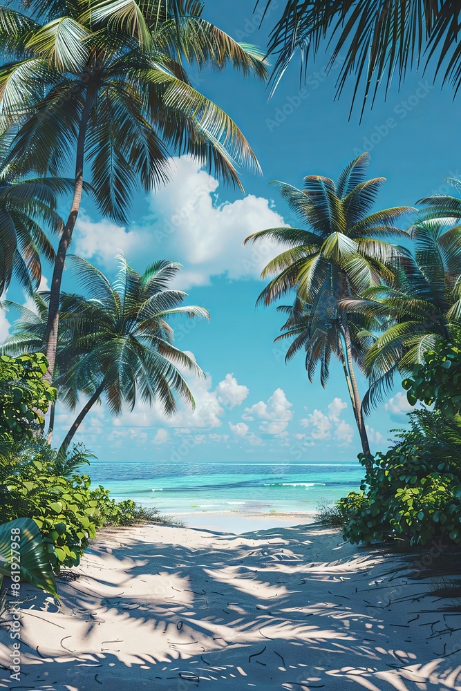 Fototapeta premium Serene Tropical Beach with Palm Trees and Turquoise Ocean