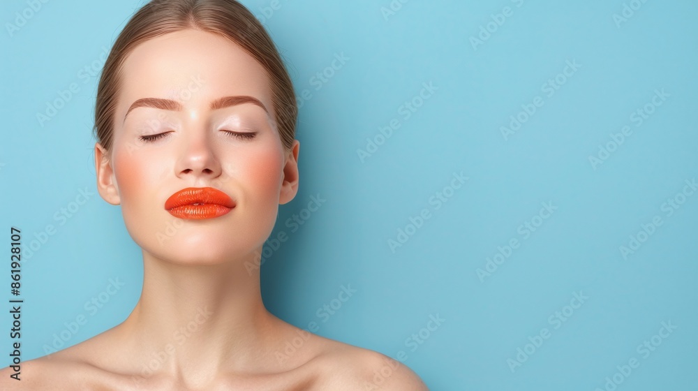 Woman with Orange Lips on Blue Background, Bold and Bright Lip Color, Beauty and Makeup Concept, Striking and Modern Look, Perfect Orange Lip Makeup, Blue Themed Portrait, Focus on Bright Lips Woman with Orange Lips on Blue Background, Bold and Bright Lip Color, Beauty and Makeup Concept, Striking and Modern Look, Perfect Orange Lip Makeup, Blue Themed Portrait, Focus on Bright Lips