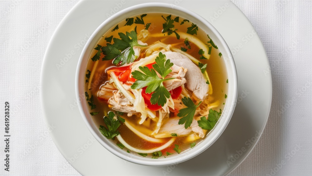 A bowl of soup with chicken, carrots and parsley on a white plate, AI A bowl of soup with chicken, carrots and parsley on a white plate, AI