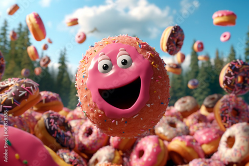 Donut splash. Cheerful classic berry donut smiles happily while jumping on doughnut explosion background. Template for menu, coffee house, cover, showcase, notebook, article. Sweet diet or Donut Day