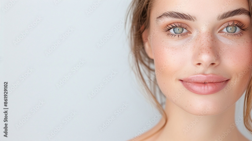 Smiling Woman with Blue Eyes and Freckles, High-Resolution Portrait on Light Blue Background, Perfect for Beauty, Skincare, and Fashion Themes, Emphasizing Natural Beauty and Fresh Look Smiling Woman with Blue Eyes and Freckles, High-Resolution Portrait on Light Blue Background, Perfect for Beauty, Skincare, and Fashion Themes, Emphasizing Natural Beauty and Fresh Look