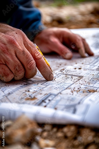 Architectural Blueprint with Hands Holding Pencil on Construction Site