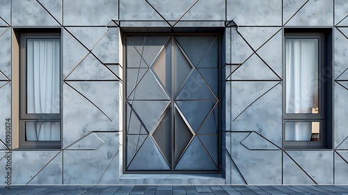 slate grey door with a geometric pattern, set in a facade of smooth concrete and accented with asymmetric windows