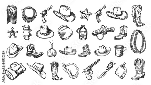 Doodle Style Cowboy Accessories Icons Set. Hand Drawn Simple Style Black Icons on White Background Western Gear Illustrations Wild West Collection Rodeo Equipment Clipart