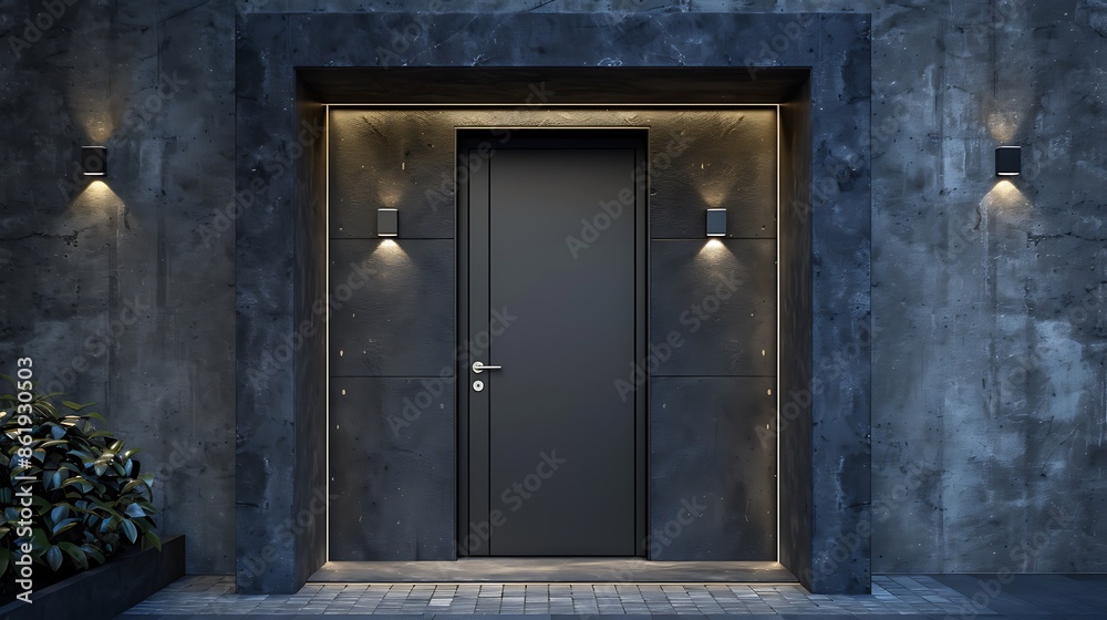 sleek door painted in matte charcoal, set within a textured concrete frame and illuminated by a series of small, recessed LED lights sleek door painted in matte charcoal, set within a textured concrete frame and illuminated by a series of small, recessed LED lights