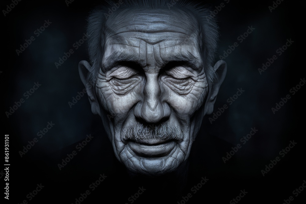 A close up of an old man with his eyes closed, AI